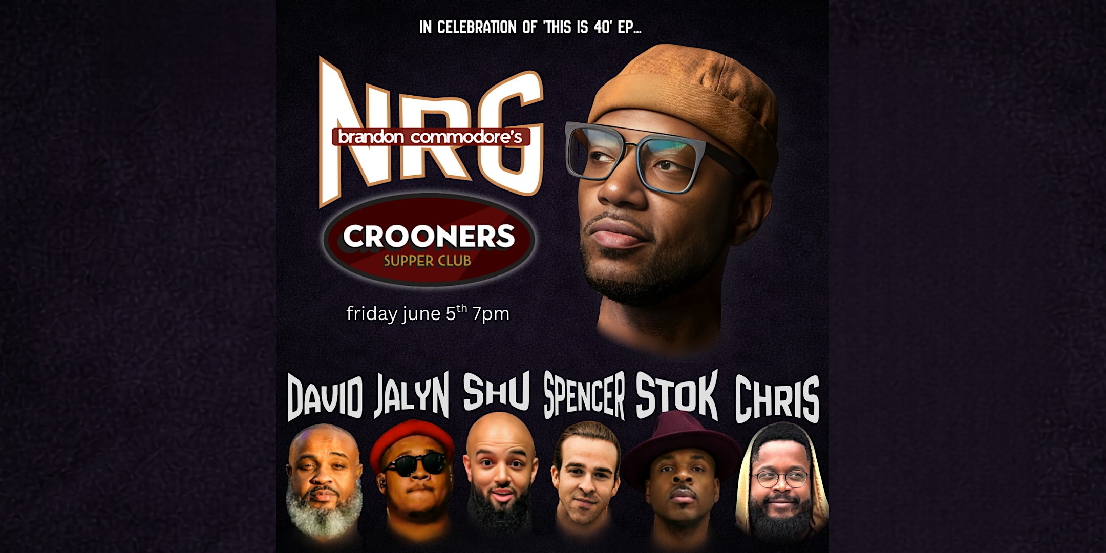 Poster for a live comedy show at Crooners Supper Club, featuring a large headshot and the lineup: David Jalyn, Shu Spencer, Stok Chris, June 5 at 7pm.