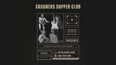 Poster advertising Crooners Supper Club with a vintage musician collage and retro borders, promoting a Jeff Beck & Jimi Hendrix tribute show.