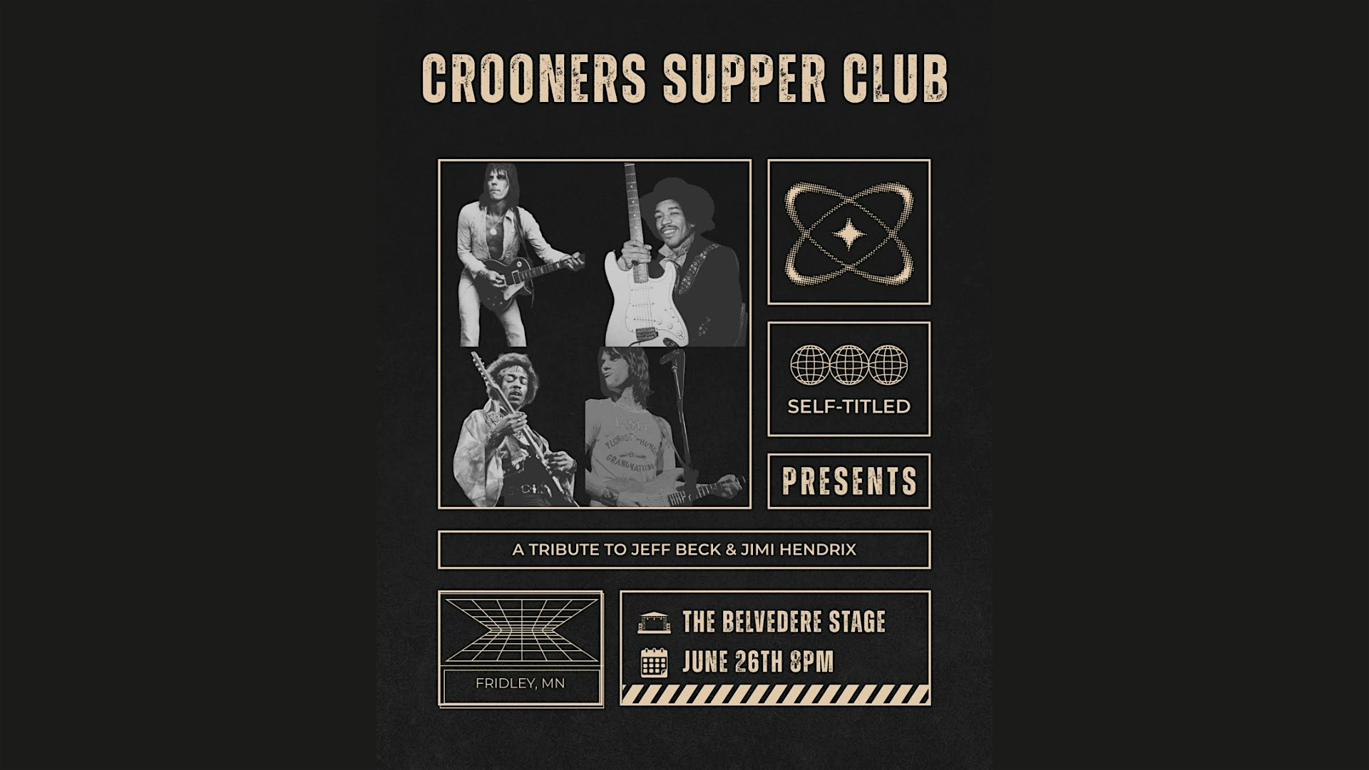 Poster advertising Crooners Supper Club with a vintage musician collage and retro borders, promoting a Jeff Beck & Jimi Hendrix tribute show.