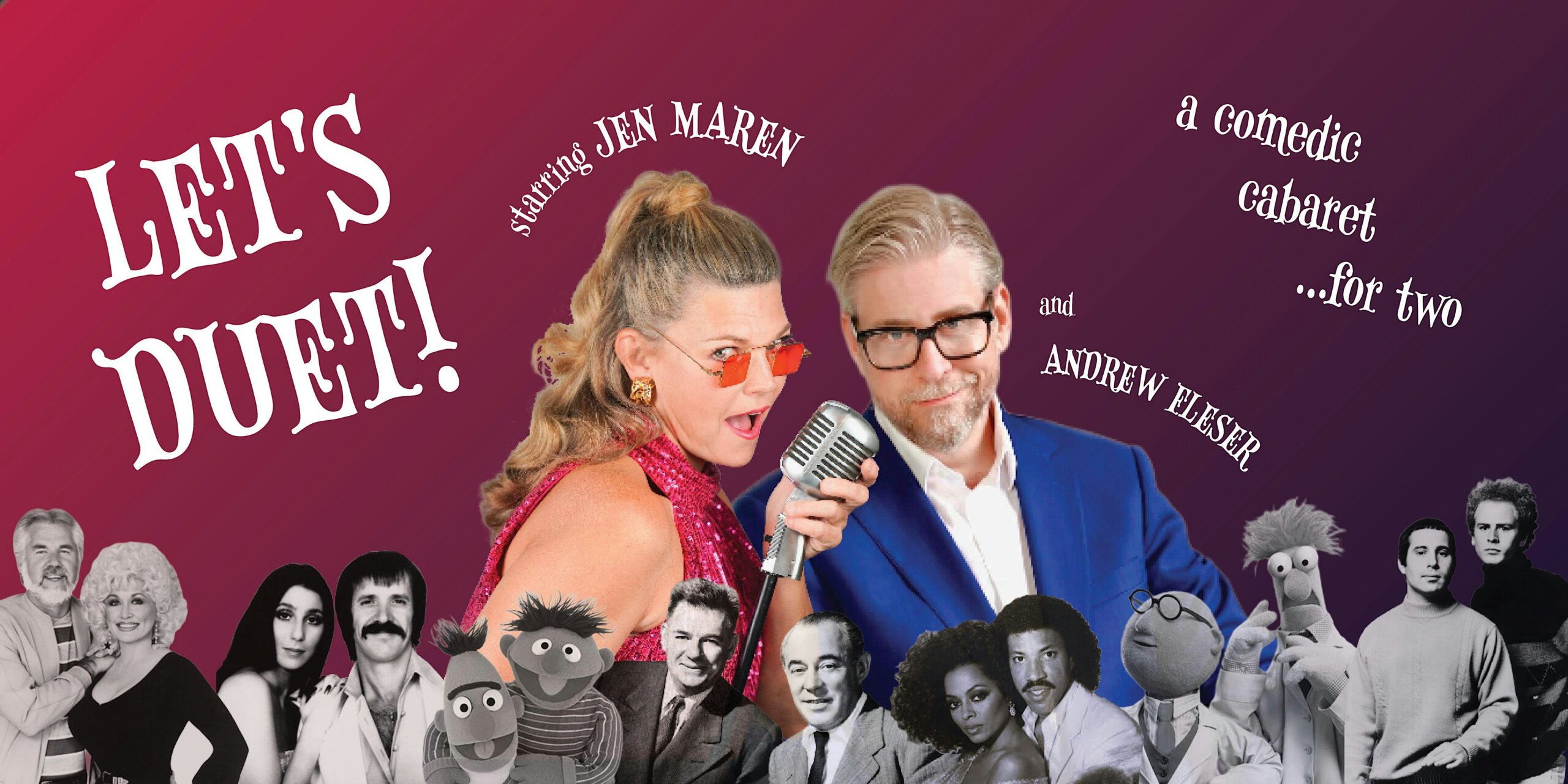 Promotional poster for a two-person comedy cabaret with a man in a blue suit and a woman with a microphone and bold white text 'Let’s Do It!' on a purple gradient background.