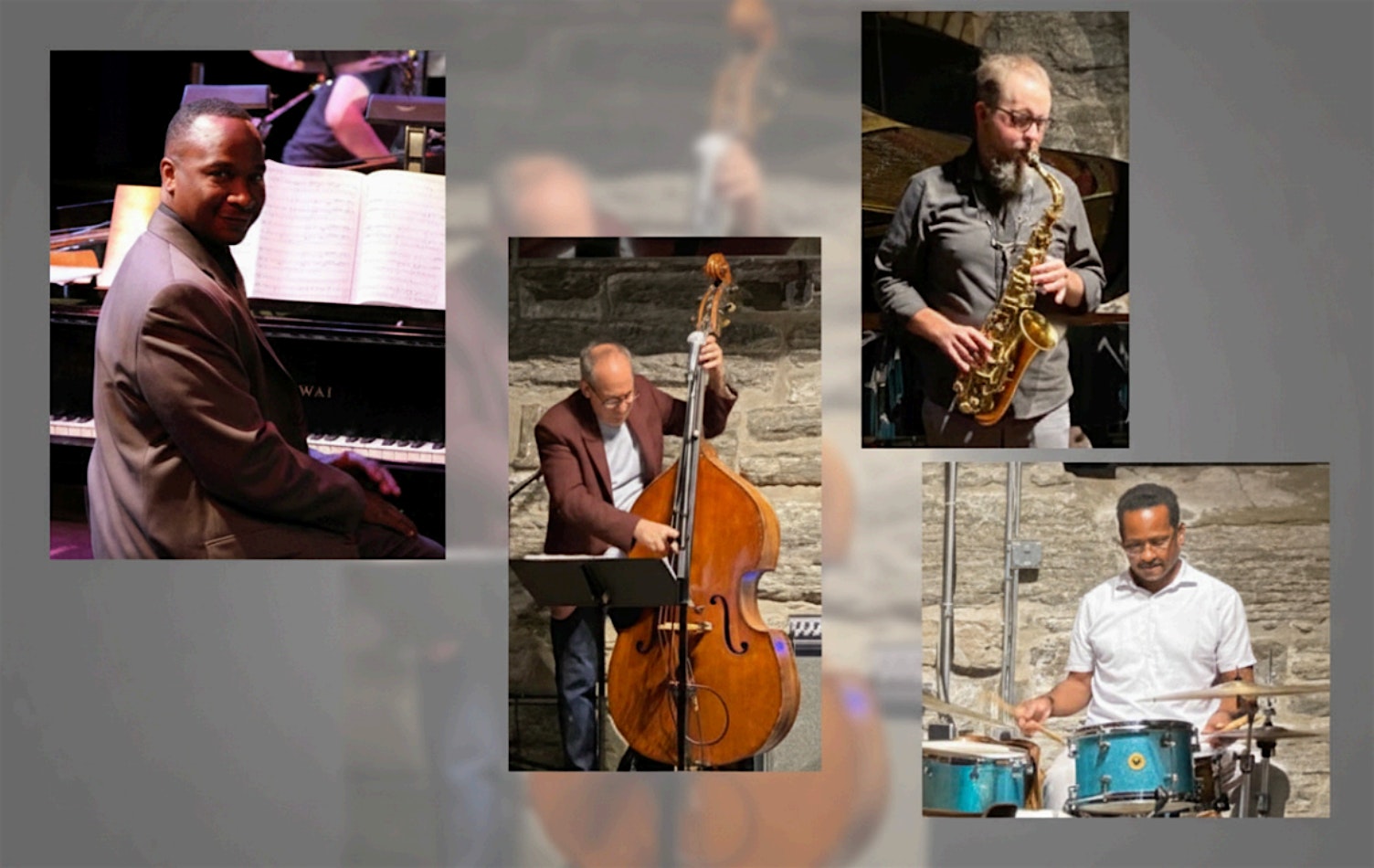 Collage of five jazz musicians: pianist at a piano with sheet music, upright bass player, saxophonist, and drummer across stone backdrop.