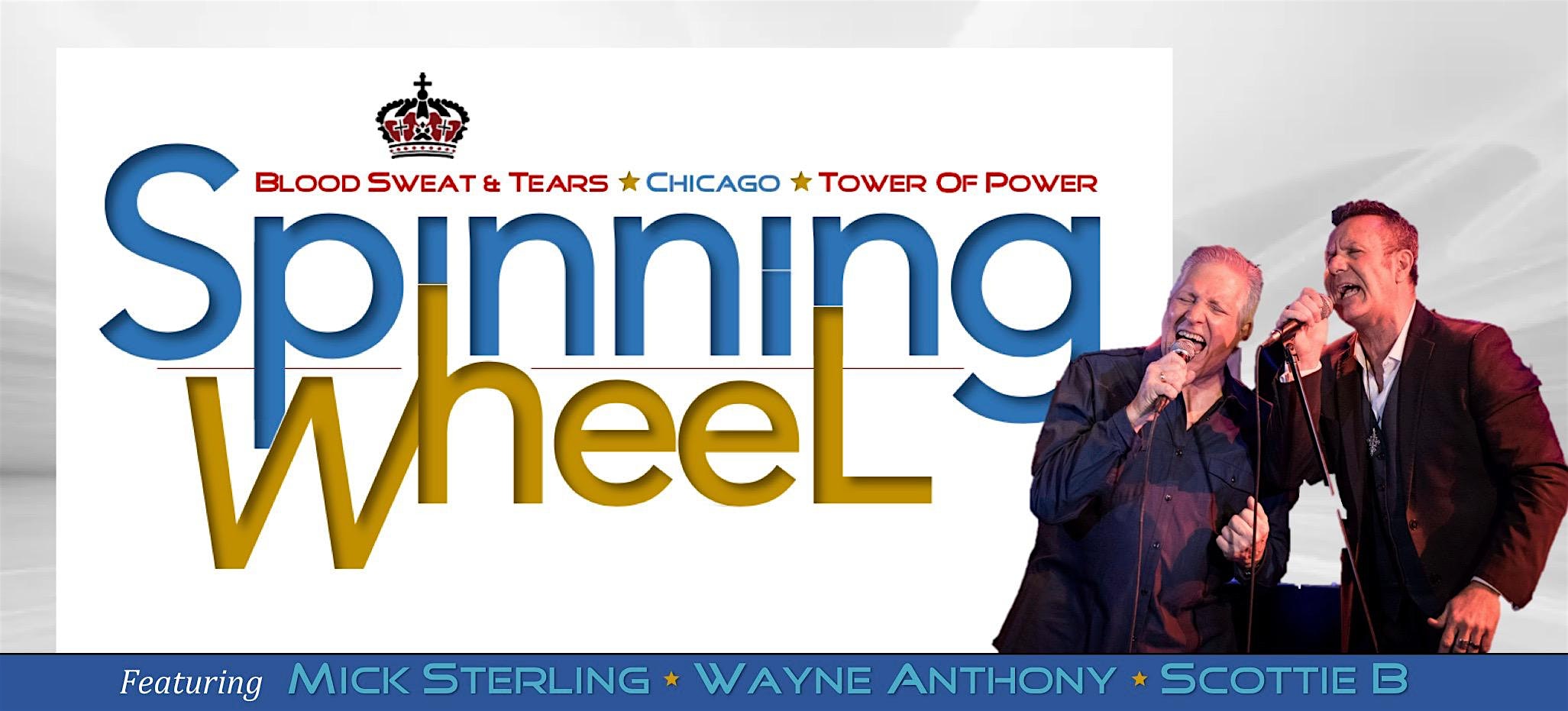 Promotional concert poster for 'Spring Wheel' with two male singers on the right and listed artists (Blood Sweat & Tears, Chicago, Tower of Power).