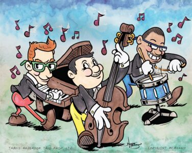 Cartoon trio of musicians playing brass and percussion outdoors, with musical notes floating around them.