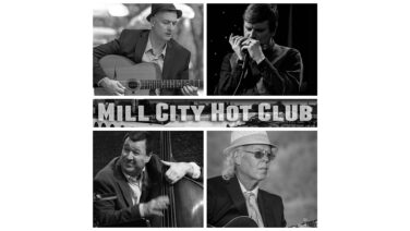 Collage of black-and-white portraits of Mill City Hot Club musicians: guitar, vocals, double bass beside a banner reading 'Mill City Hot Club'