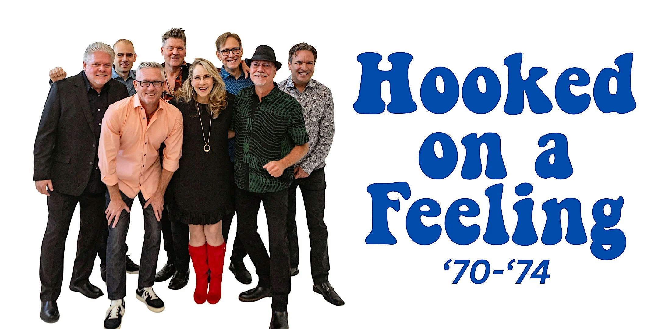 Group of smiling adults posing together for a promo banner with bold blue 'Hooked on a Feeling' text on the right.