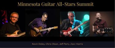 Banner for Minnesota Guitar All-Stars Summit featuring four guitarist portraits and a caption with names Kevin Daley, Chris Olson, Jeff Perry, Zacc Harris