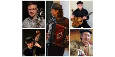 Collage of six musicians with their instruments: top-left man with guitar, top-middle man in a fedora with an accordion, top-right man in black holding a wooden guitar; bottom-left man with a double bass and bowler hat, bottom-middle accordion player, bottom-right man in a blazer with a hat and a guitar.