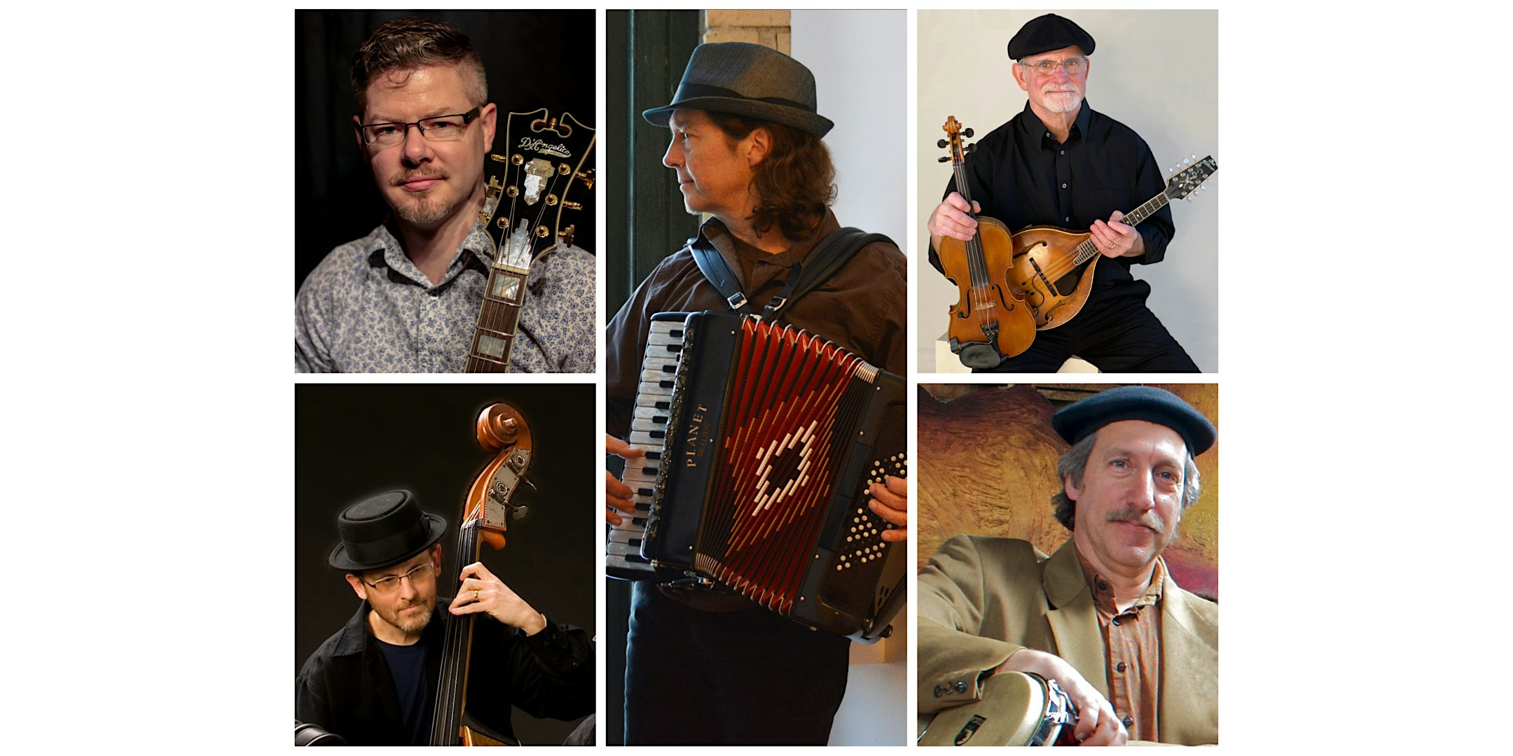 Collage of six musicians with their instruments: top-left man with guitar, top-middle man in a fedora with an accordion, top-right man in black holding a wooden guitar; bottom-left man with a double bass and bowler hat, bottom-middle accordion player, bottom-right man in a blazer with a hat and a guitar.