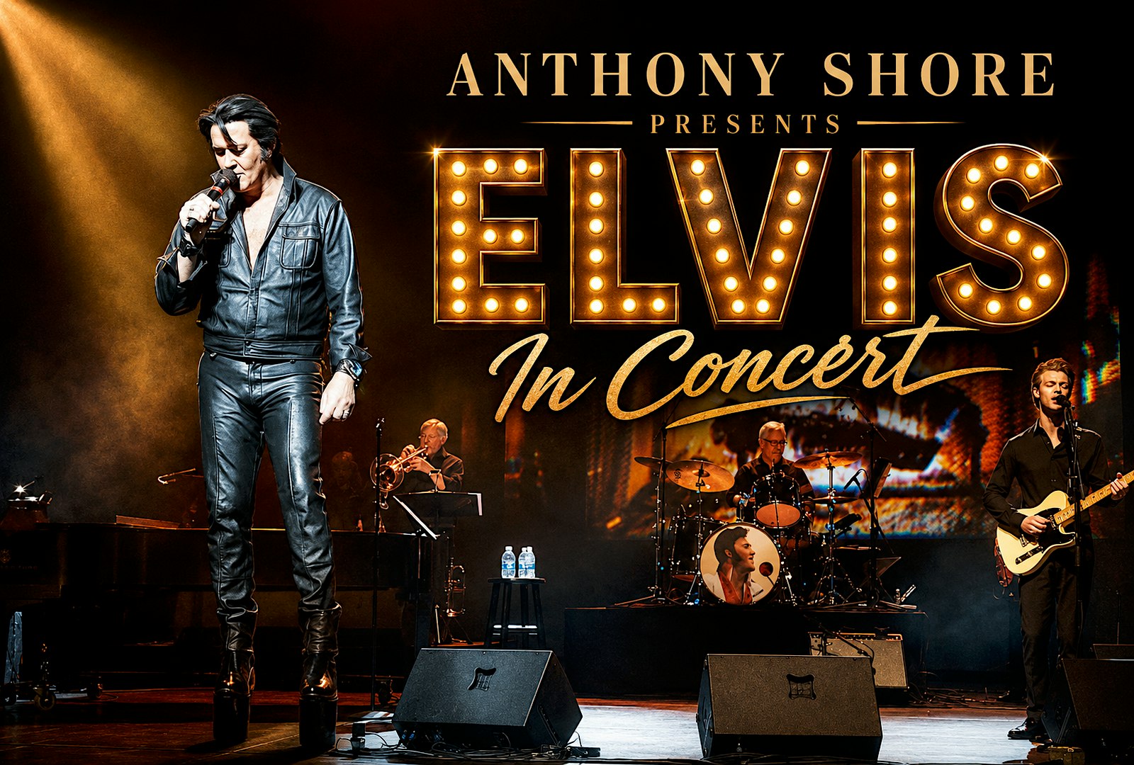 Elvis tribute concert on a dark stage with a lead singer in a black leather outfit, large illuminated ELVIS marquee lettering, and a full band in the background under warm spotlights.