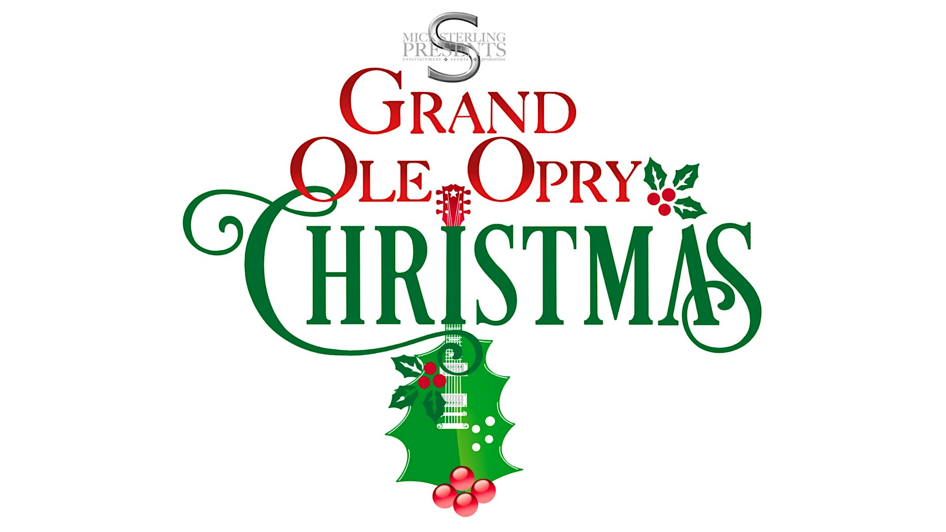 Grand Ole Opry Christmas logo with red and green typography and holly accents around a guitar-shaped tree.
