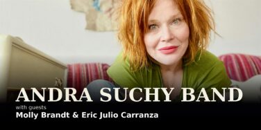 Portrait of a red-haired woman in a green shirt on a promotional banner for the Andrea Suchy Band, listing guests Molly Brandt and Eric Julio Carranza