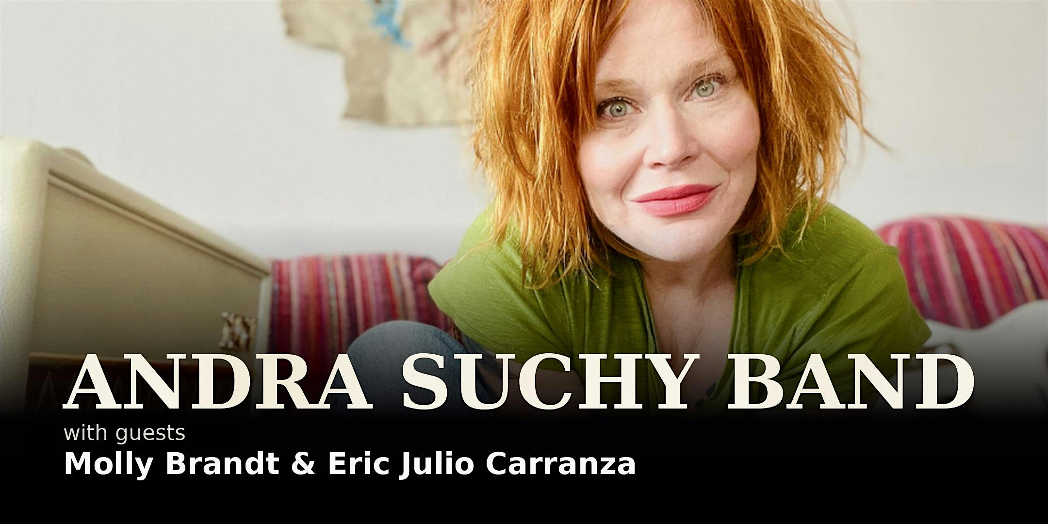 Portrait of a red-haired woman in a green shirt on a promotional banner for the Andrea Suchy Band, listing guests Molly Brandt and Eric Julio Carranza