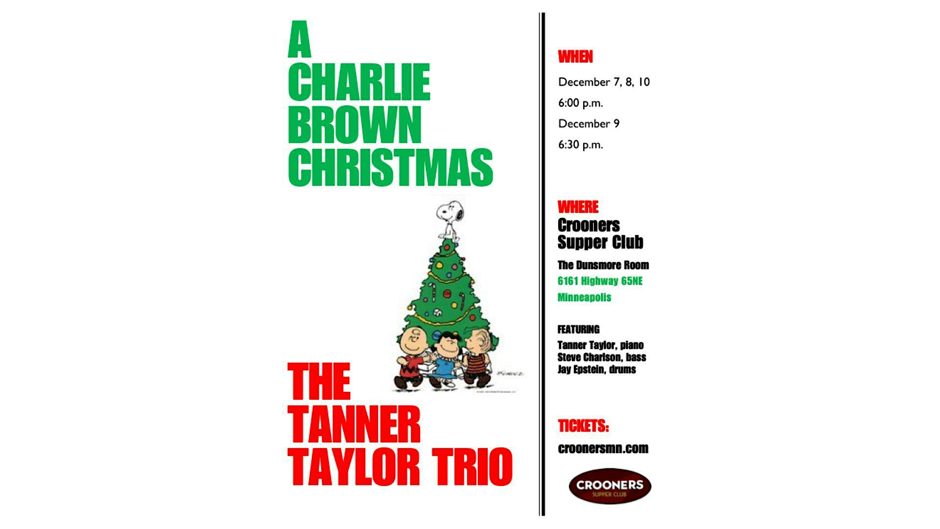 Poster for A Charlie Brown Christmas featuring a tall green title and Snoopy atop a Christmas tree; event details appear on the right side.