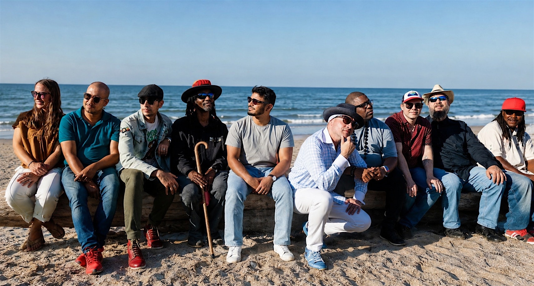 A diverse group of friends sits closely together on a wooden seawall on a sunny beach, with the ocean behind them.