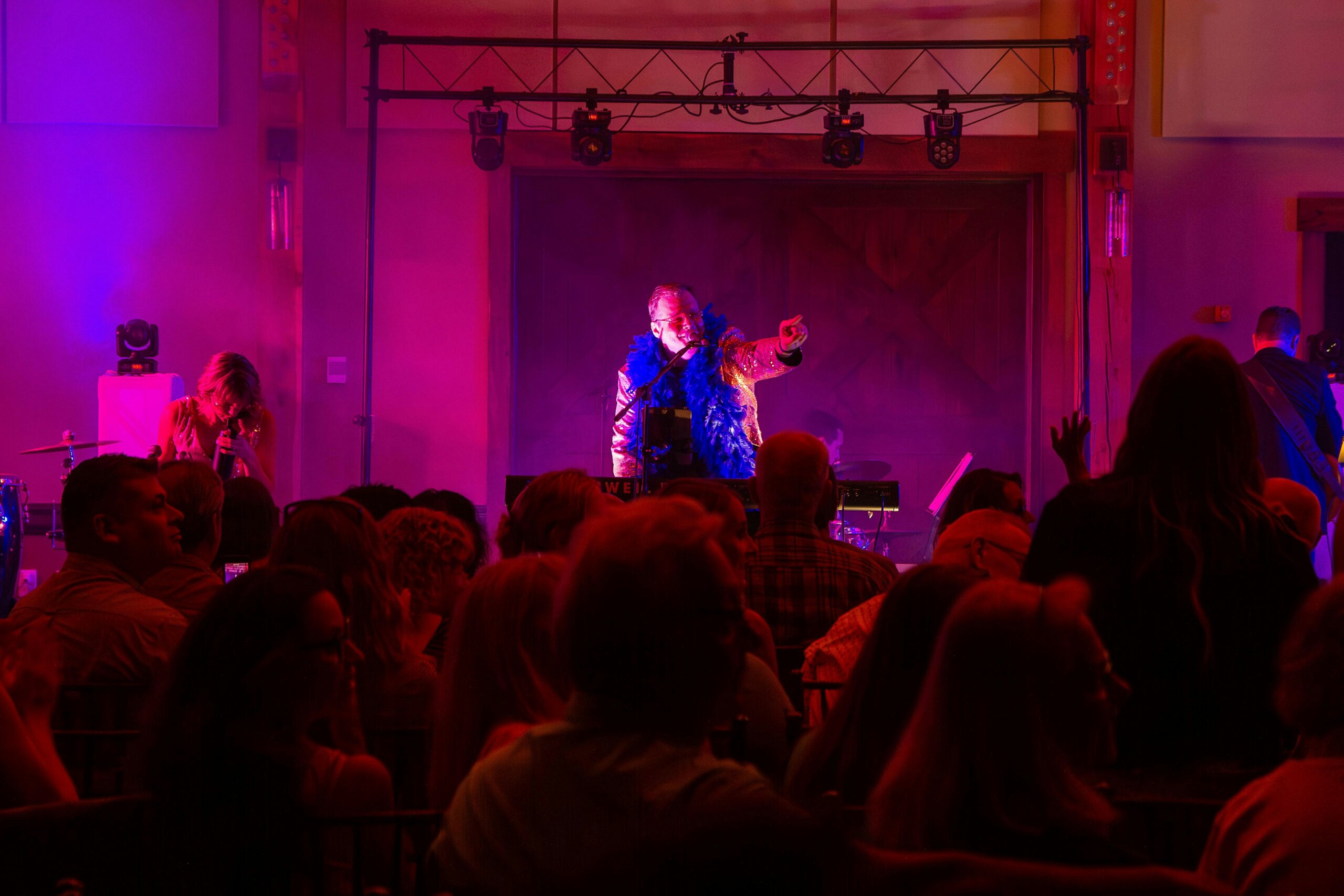 Live concert scene with a lead singer in a blue feather boa performing center stage under magenta lighting, audience in foreground.