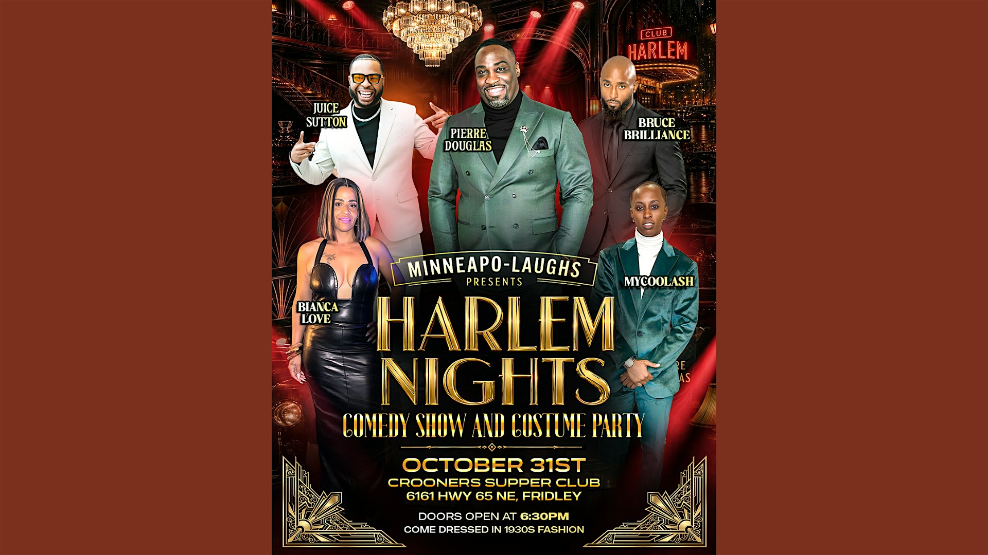 Poster for Harlem Nights comedy show featuring performers and guests; event title and date October 31st at Crooners Supper Club, Fridley, MN (doors 6:30 PM).