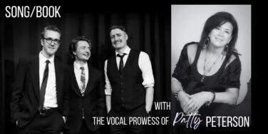 Black-and-white banner with three men in suits on the left and a smiling woman in black on the right, with promotional text overlaid about a collaboration.