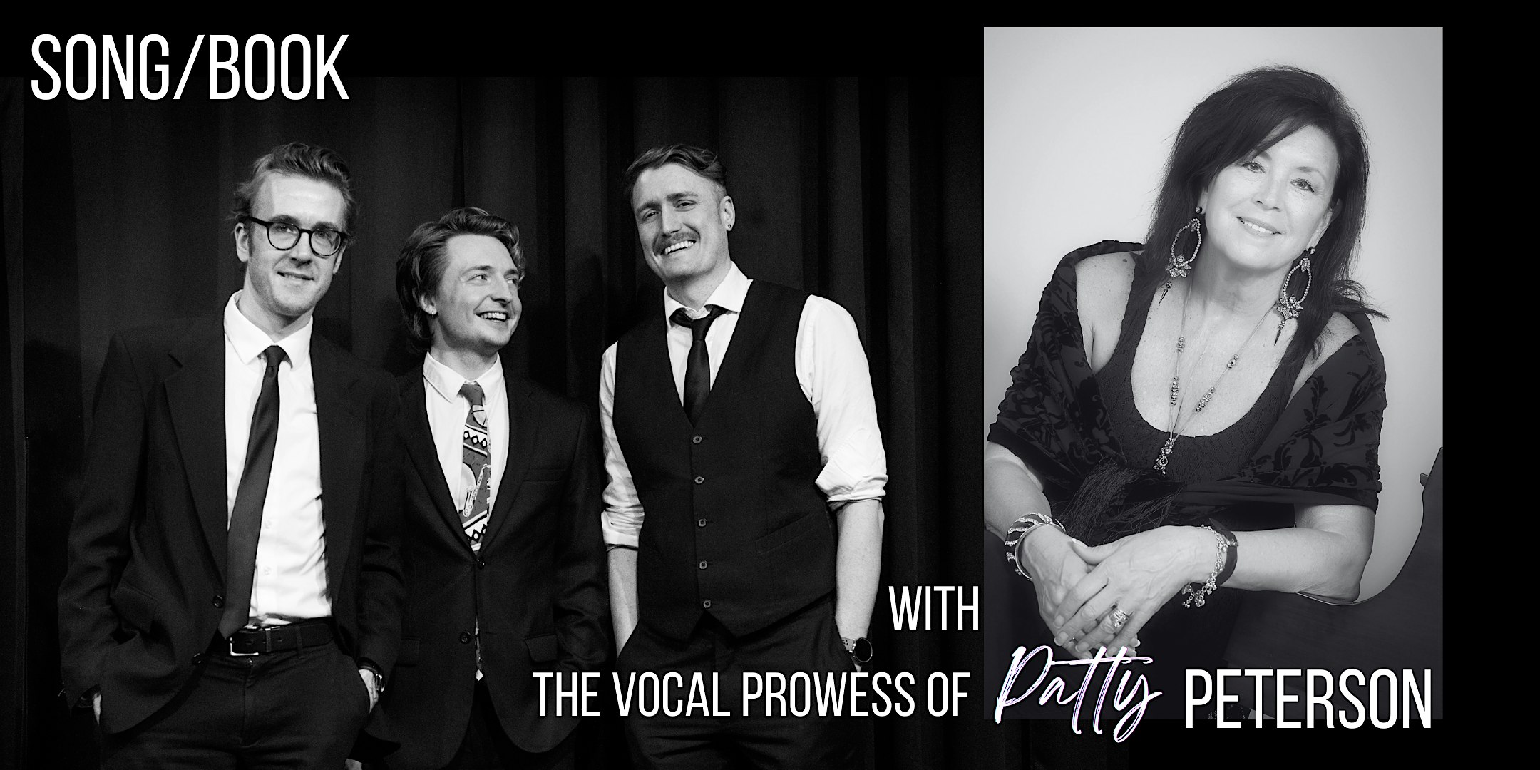 Black-and-white banner with three men in suits on the left and a smiling woman in black on the right, with promotional text overlaid about a collaboration.