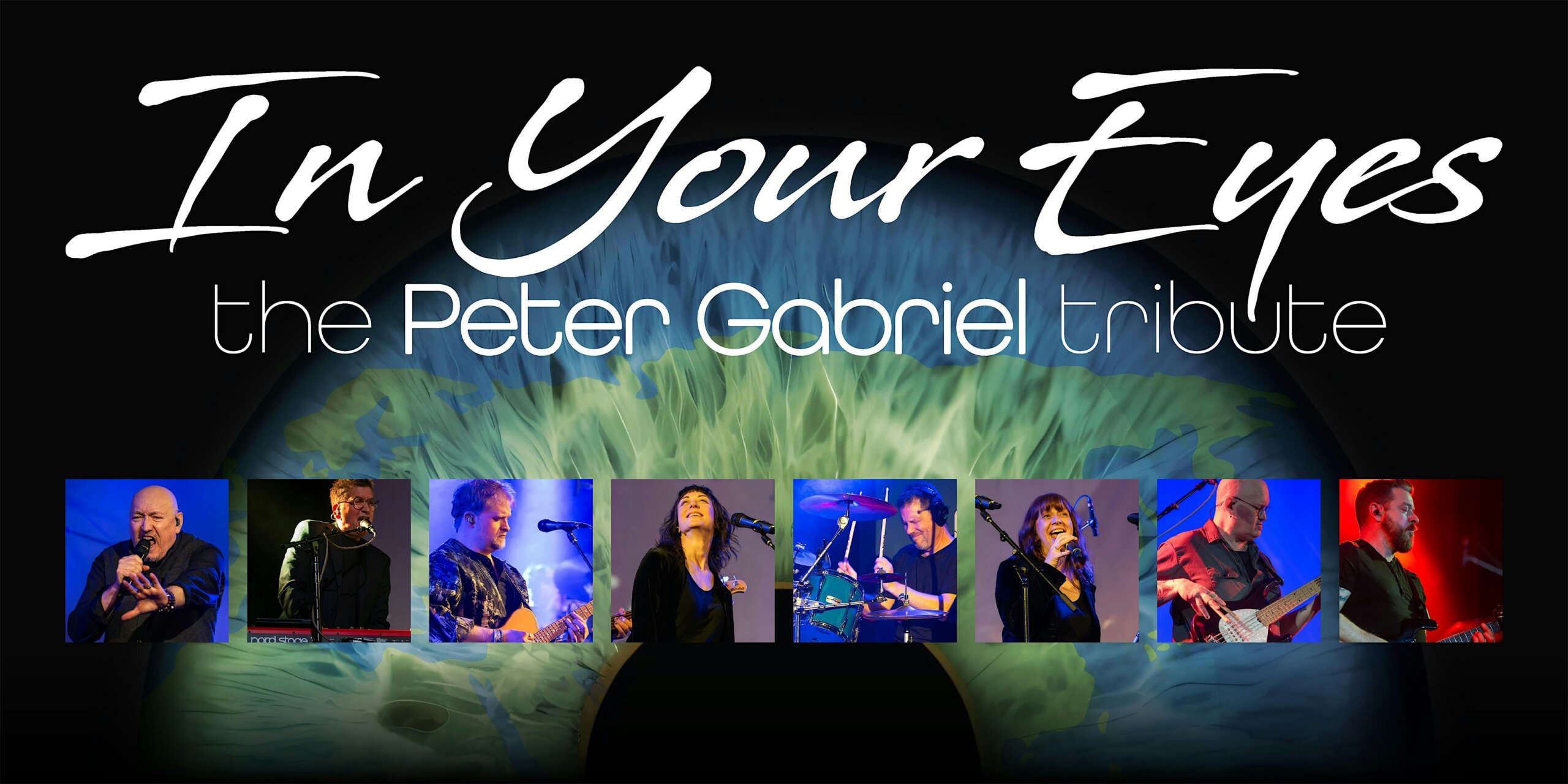 Banner advertising 'In Your Eyes' Peter Gabriel tribute with a globe backdrop and eight musician portraits along the bottom.