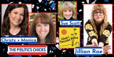 Collage of four headshots framed in red, with blue and white name banners for Christy, Monica, Sue Scott, and Jillian Rae; political talk show theme with confetti background.