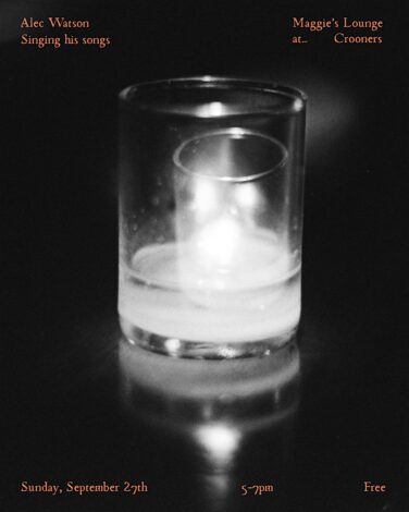 Black-and-white poster showing a lit candle in a glass, announcing Alec Watson singing at Maggie's Lounge Crooners, Sunday Sept 27, 5–7pm, free