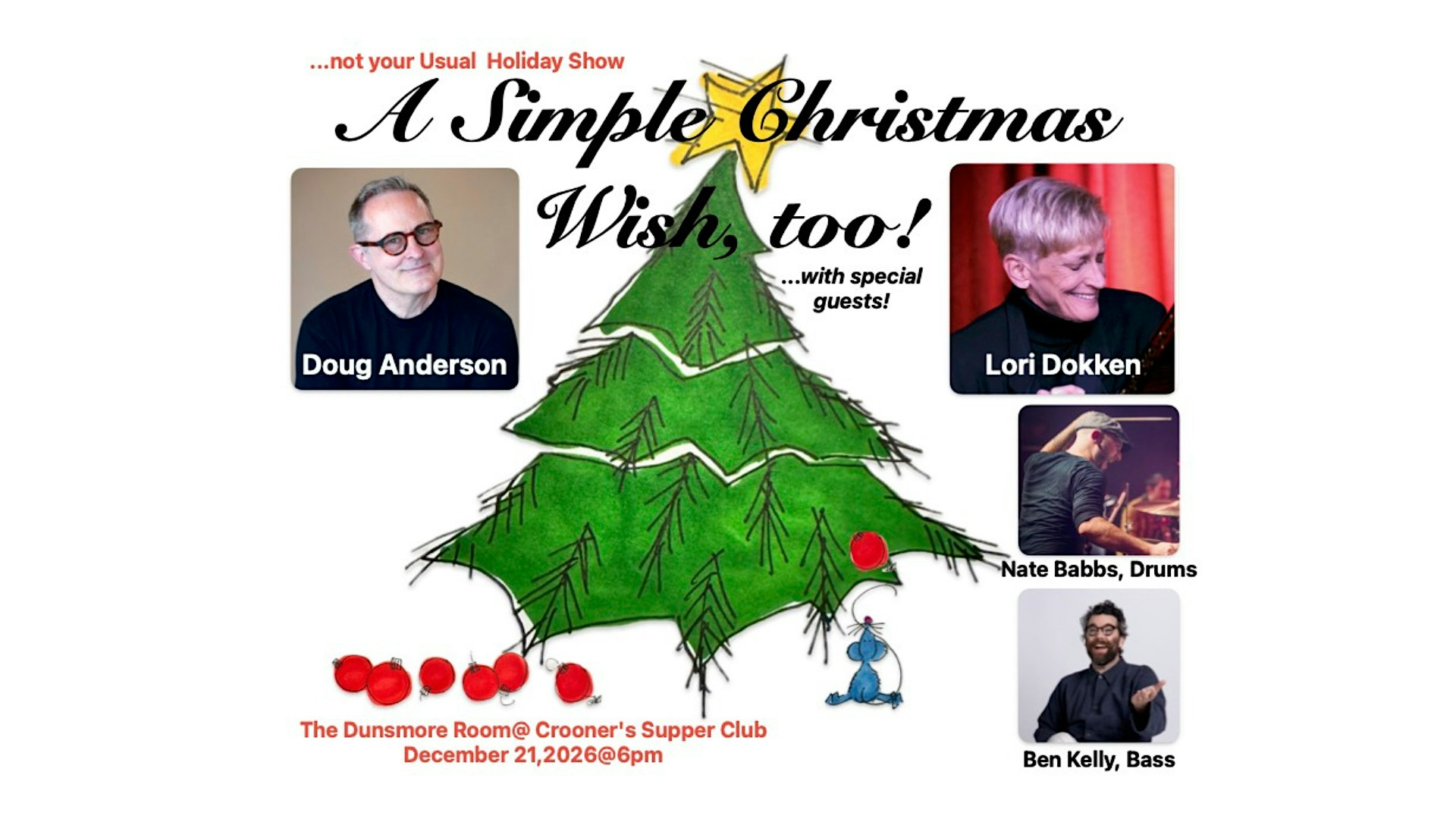 Poster for 'A Simple Christmas Wish, too!' featuring Doug Anderson (left) and Lori Dokken (right) with a Christmas tree art, announcing guest performers and date.