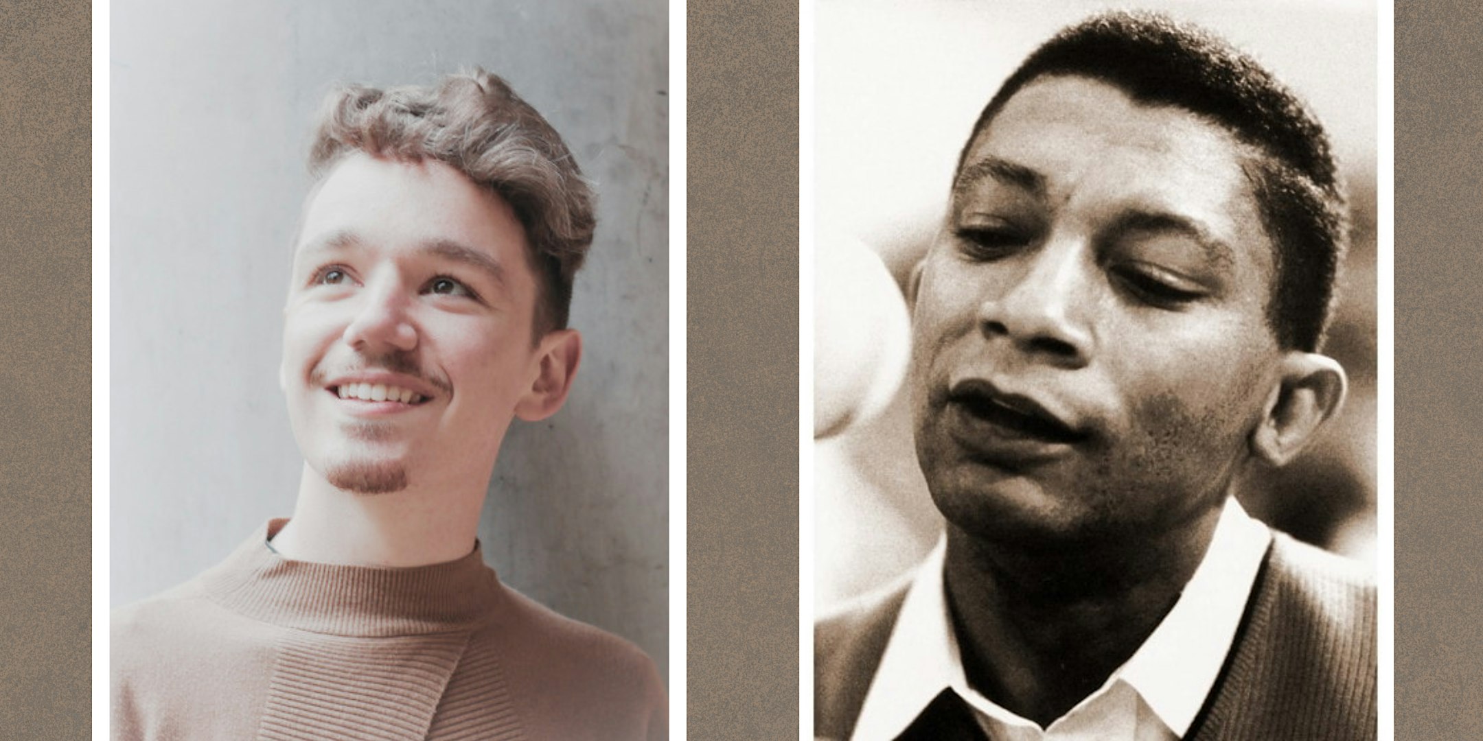 Two side-by-side portraits: left a smiling young man in a beige sweater, right a vintage black-and-white portrait of a man with a collared shirt.