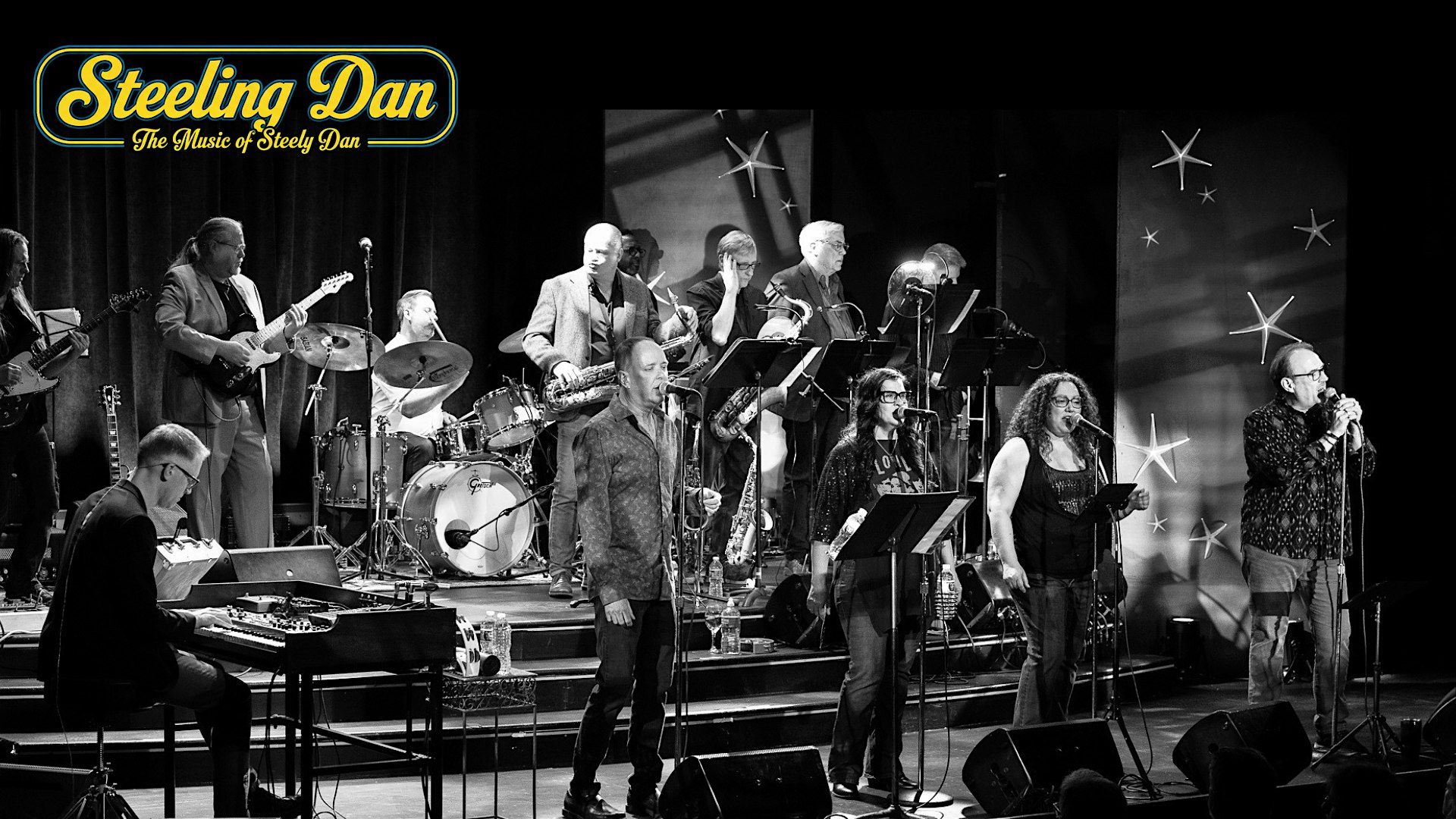 Live band on stage with a keyboardist, brass players, and vocalists; logo reads 'Steeling Dan' in the top left corner.