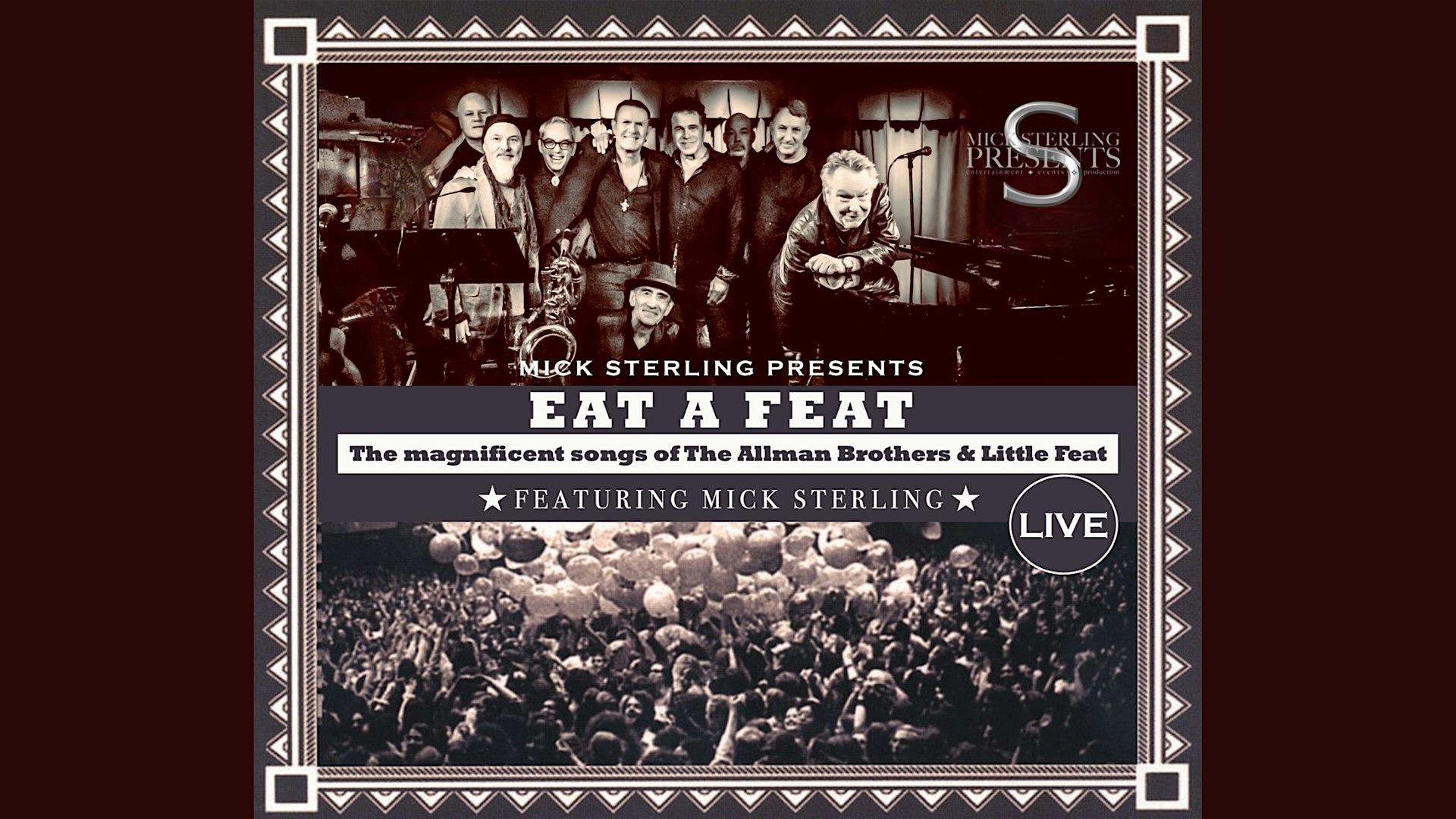 Poster advertising a live show: 'Eat A Feat' featuring The Allman Brothers & Little Feat, with Mick Sterling