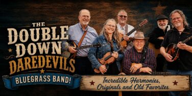 Six smiling older musicians pose with guitars, fiddle, and banjo in front of a rustic backdrop for a bluegrass band promo.