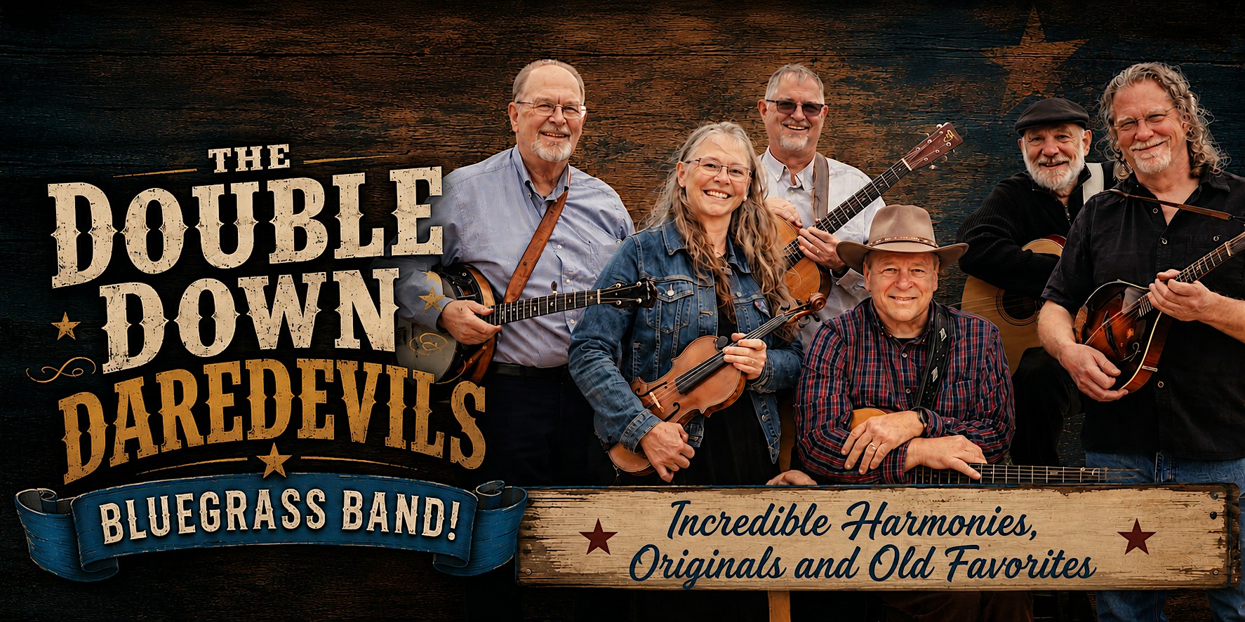 Six smiling older musicians pose with guitars, fiddle, and banjo in front of a rustic backdrop for a bluegrass band promo.