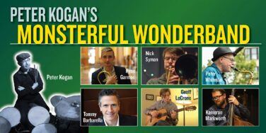 Poster for Peter Kogan's Monsterful Wunderband featuring Peter Kogan on drums at left and a grid of band members (Ryan Garnoe, Nick Syman, Peter Whitman, Geoff LeCrone, Cameron Markworth, Tommy Barbarella) on a green background.