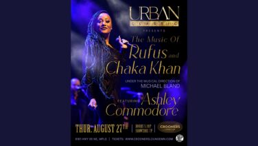 Poster advertising a live show: 'Urban Classic' presents The Music Of Rufus and Chaka Khan, featuring Ashley Commodore, on stage with a microphone.