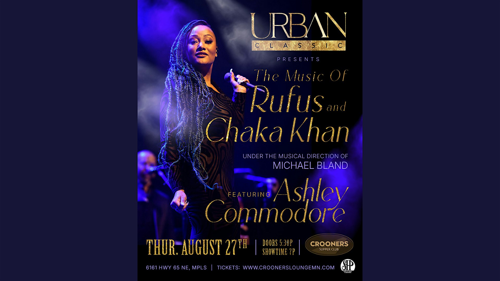 Poster advertising a live show: 'Urban Classic' presents The Music Of Rufus and Chaka Khan, featuring Ashley Commodore, on stage with a microphone.
