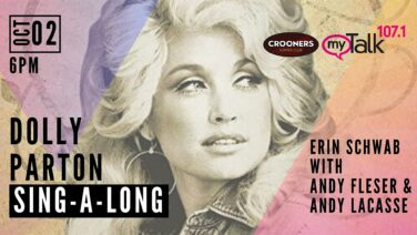 Retro poster with a grayscale portrait of a woman with voluminous blonde hair, overlaid by pink, purple, and yellow geometric shapes and bold event text.