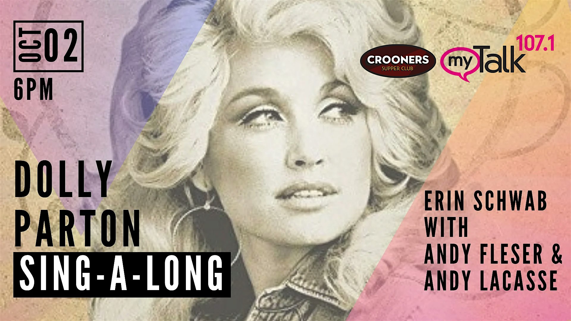 Retro poster with a grayscale portrait of a woman with voluminous blonde hair, overlaid by pink, purple, and yellow geometric shapes and bold event text.