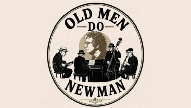 Vintage illustration of five older men playing instruments (guitar, piano, bass, clarinet) inside a circular badge for a musical group.
