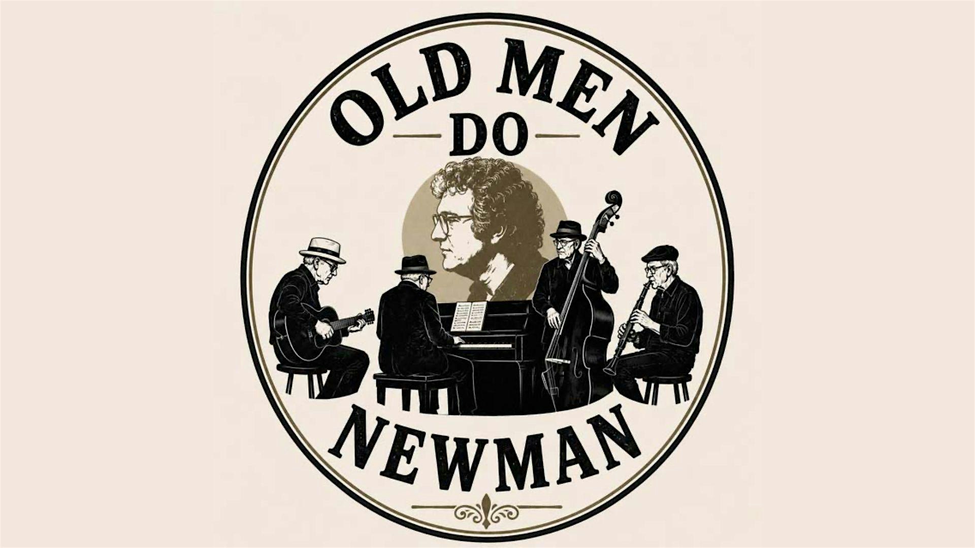 Vintage illustration of five older men playing instruments (guitar, piano, bass, clarinet) inside a circular badge for a musical group.