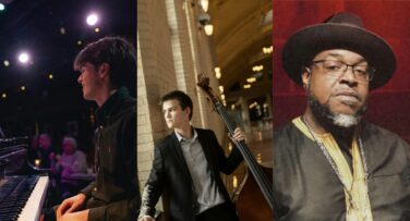 Collage of three musicians: left shows a pianist in a dark shirt performing on stage; middle shows a bassist in a suit playing a double bass in a warmly lit indoor hall; right is a close-up portrait of a man with glasses and a black hat against a red backdrop.