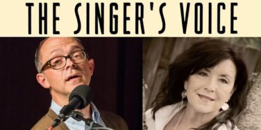 Banner reading 'THE SINGER'S VOICE' above a man speaking into a microphone on the left and a smiling woman on the right.