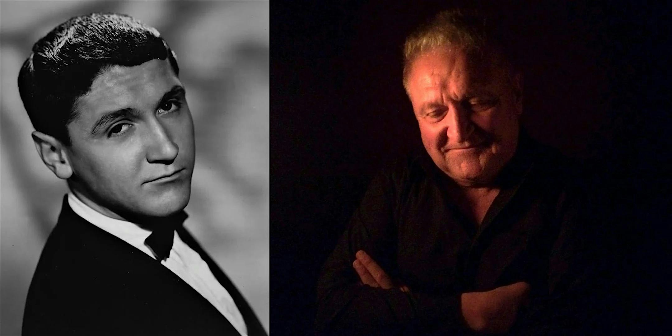 Diptych of two men: left a young man in a tuxedo in black-and-white; right an older man in low light smiling.