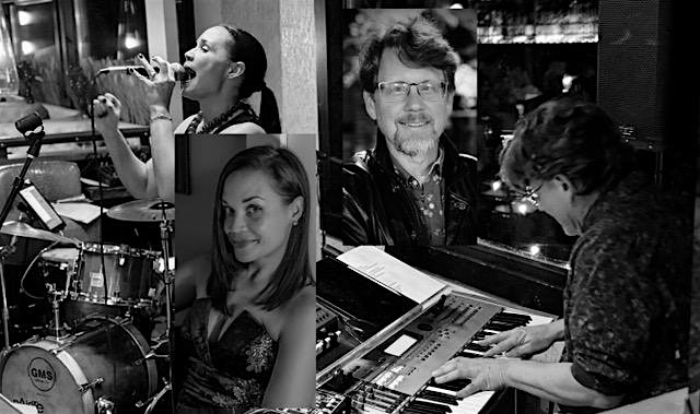Collage of four black-and-white photos showing musicians: a singer with a mic, a drummer, a smiling female vocalist, and a pianist at a keyboard in a club setting.