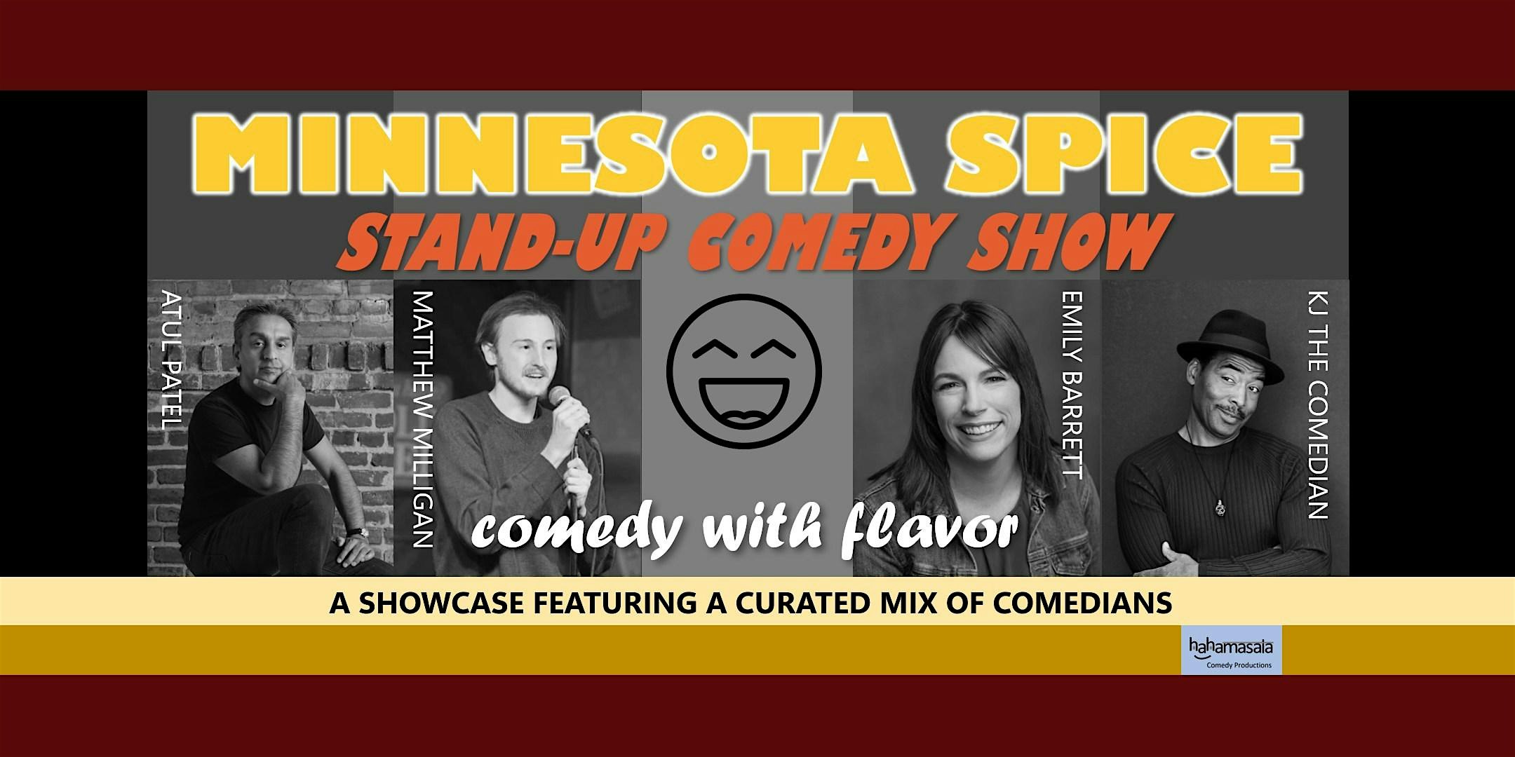 Poster for Minnesota Spice stand-up comedy show with headliners listed and photos of the comedians.