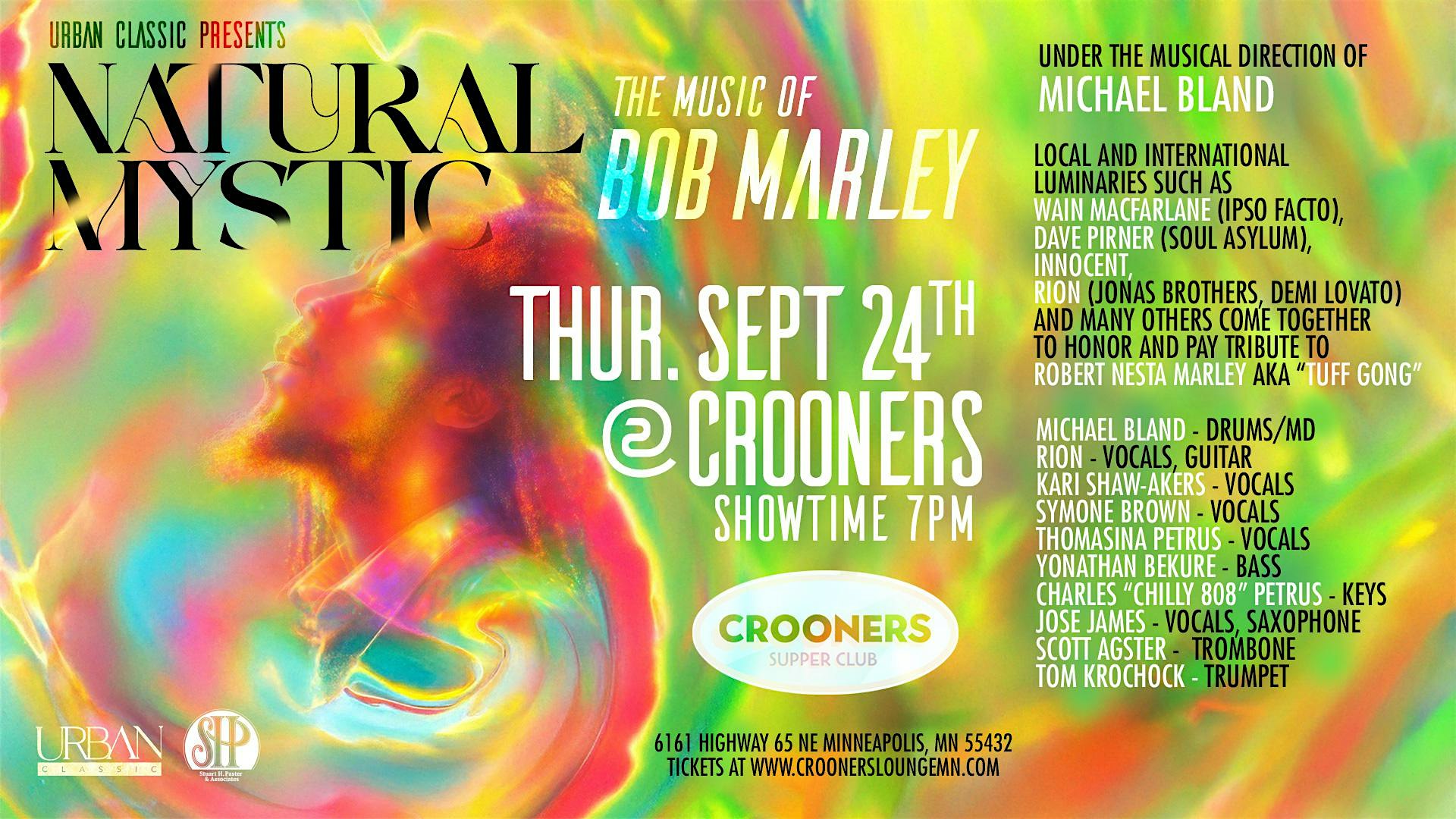 Vibrant band-poster style ad: 'Natural Mystic'—The Music of Bob Marley, Thurs Sept 24, 7 PM at Crooners, Minneapolis; performer lineup on the right.