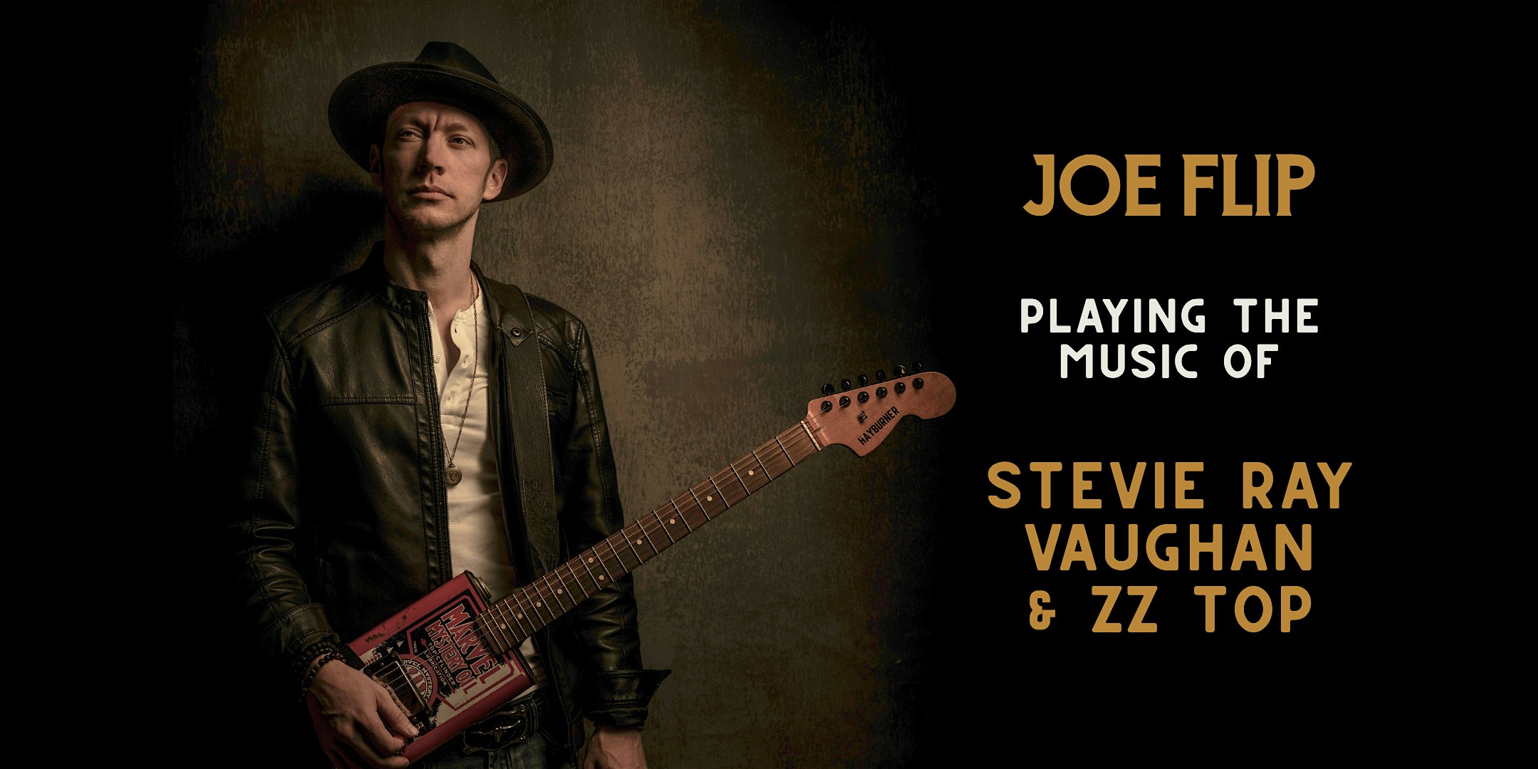 Promotional poster of Joe Flip Vaughan with a guitar, dark background, and bold text listing Stevie Ray Vaughan & ZZ Top