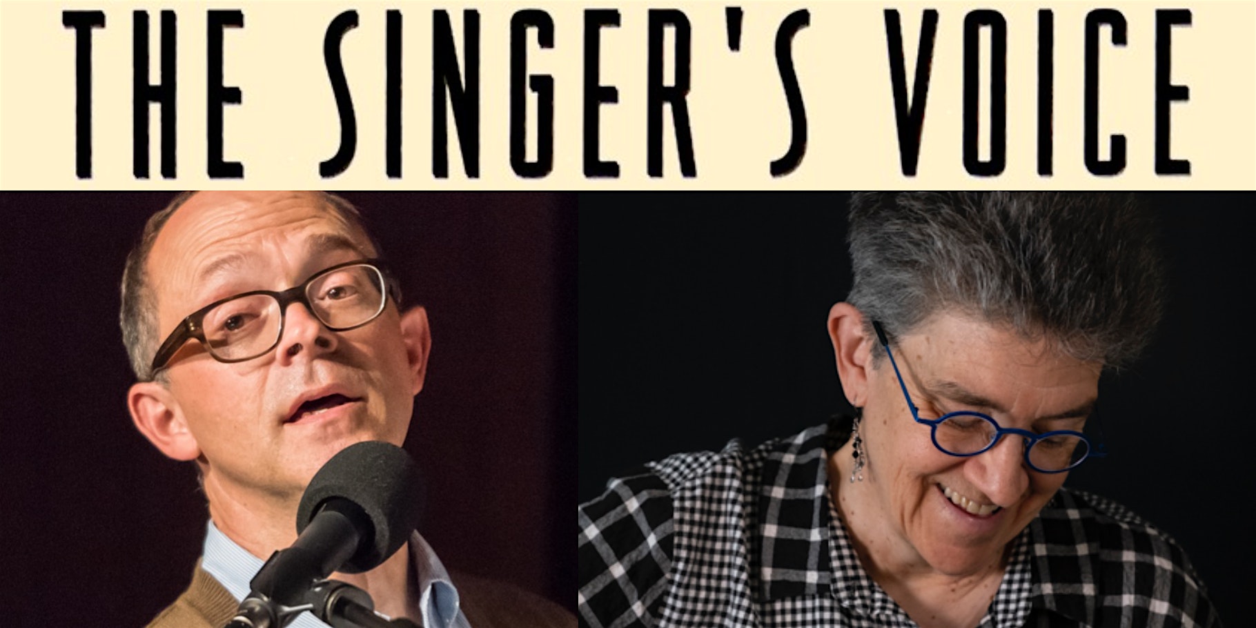 Header reads 'The Singer's Voice' with two portrait photos: a man at a microphone on the left and a smiling woman in a checkered shirt on the right.