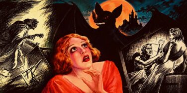 A terrified woman in a red dress looks up as a large black bat-creature with a red moon behind looms over a castle, while people struggle nearby.
