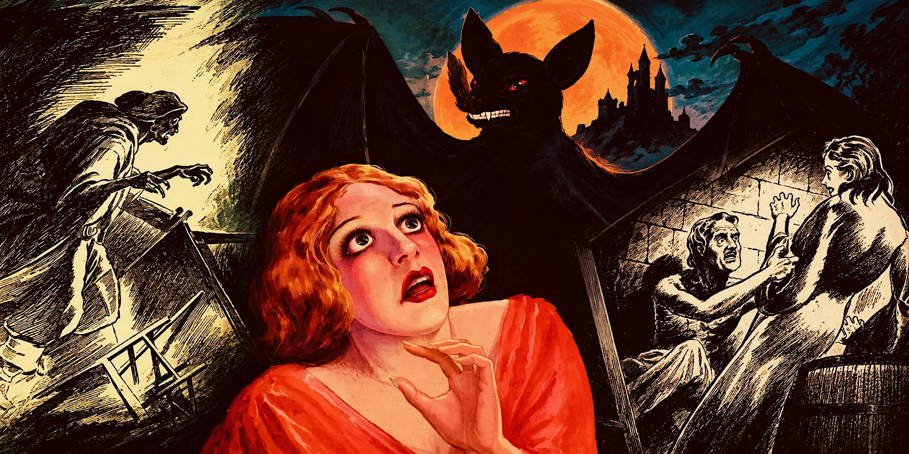 A terrified woman in a red dress looks up as a large black bat-creature with a red moon behind looms over a castle, while people struggle nearby.