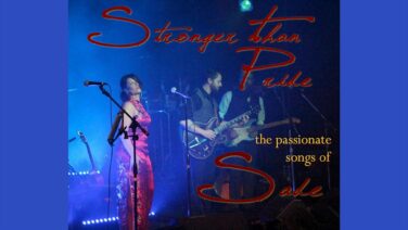 Concert poster showing a female singer in a red gown and a guitarist on a blue-lit stage, with red script text reading 'Stronger than Death' and yellow 'the passionate songs of'.