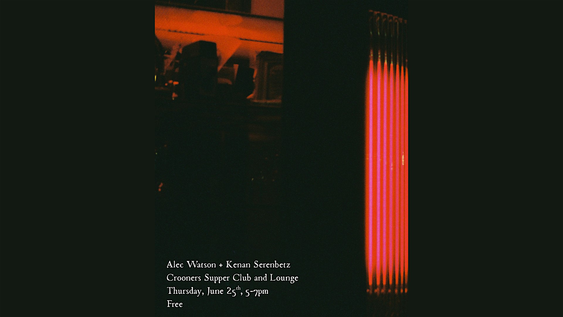 Dark poster with red vertical neon bars on the right and white text listing performers and date on the left side.
